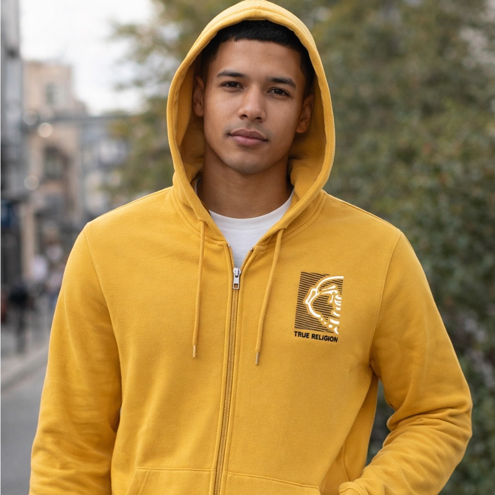 NWT True Religion Spicy Mustard Half Buddha Zip Hoodie Mens M Yellow